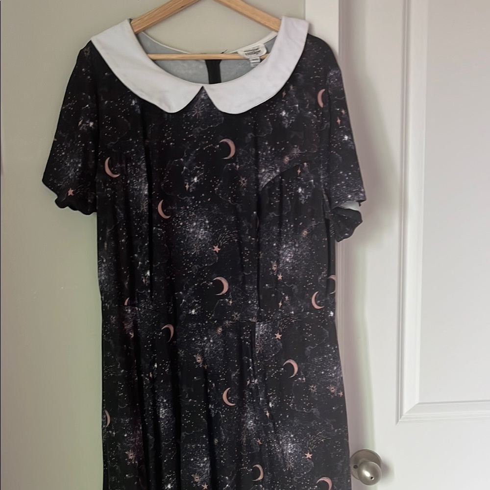 Unique Vintage Black Dress with White Collar and Celestial Design